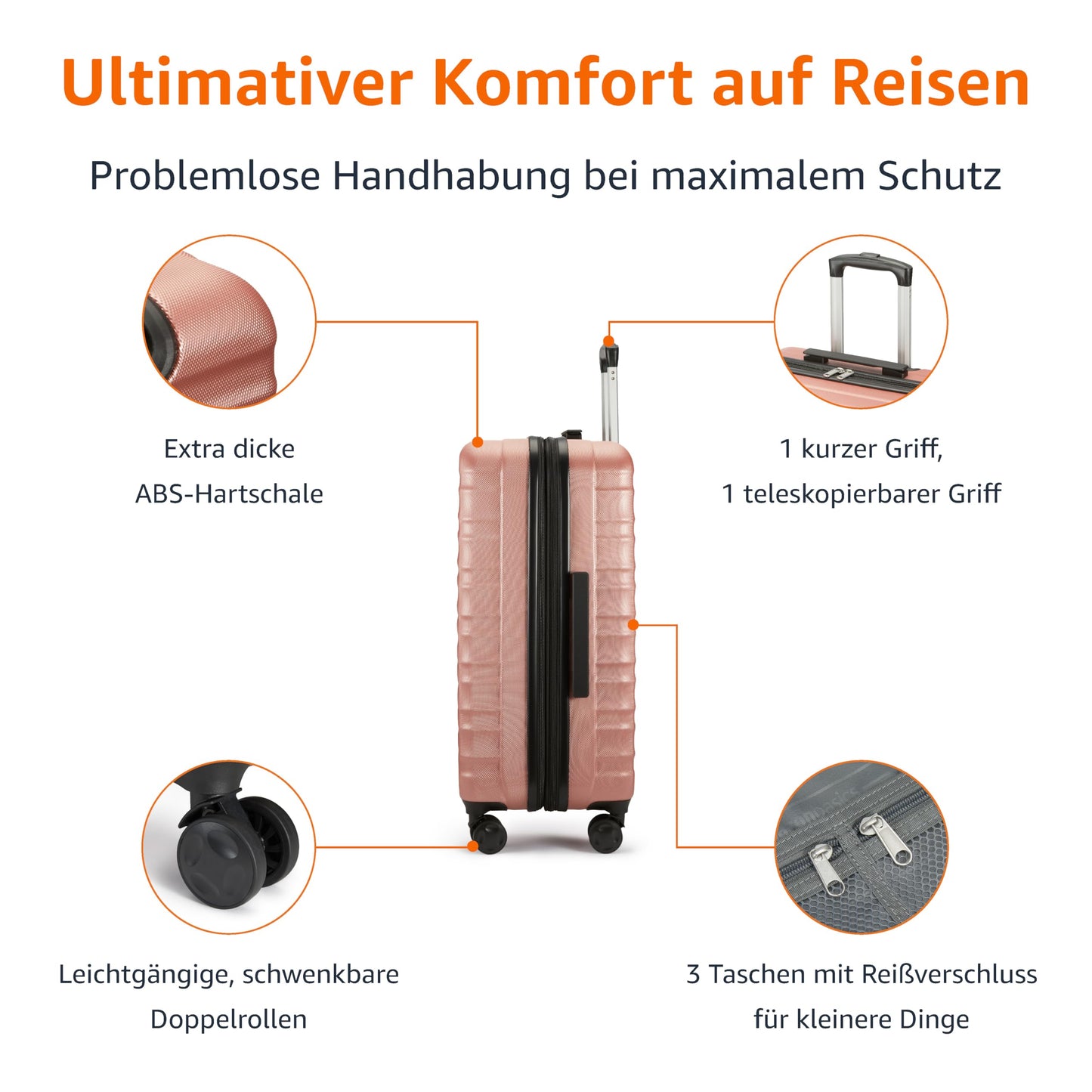 Handgepäck Hartschale 55 cm – Erweiterbar, 4 Rollen, Roségold